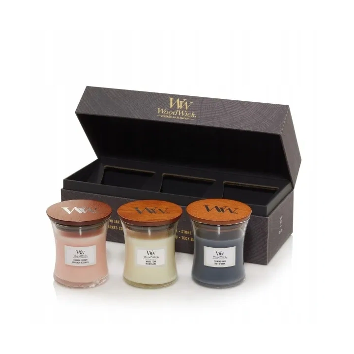 WOODWICK zestaw prezentowy 3 małe świece Evening Onyx, Solar Ylang, Coastal Sunset 3x85g 