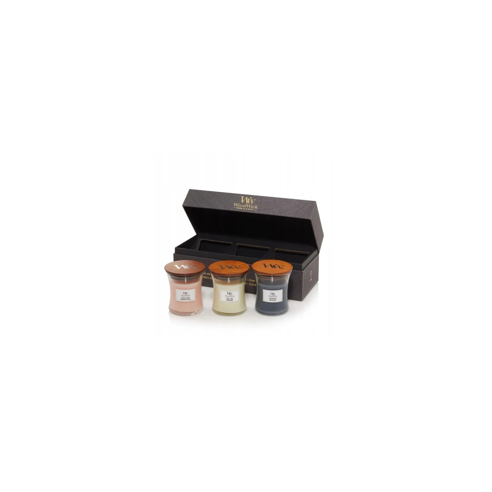 WOODWICK zestaw prezentowy 3 małe świece Evening Onyx, Solar Ylang, Coastal Sunset 3x85g 