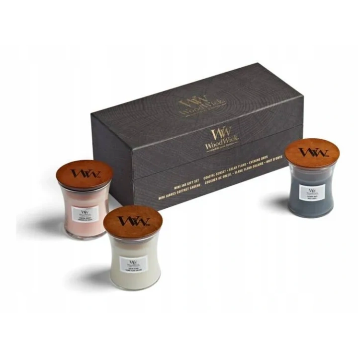WOODWICK zestaw prezentowy 3 małe świece Evening Onyx, Solar Ylang, Coastal Sunset 3x85g 