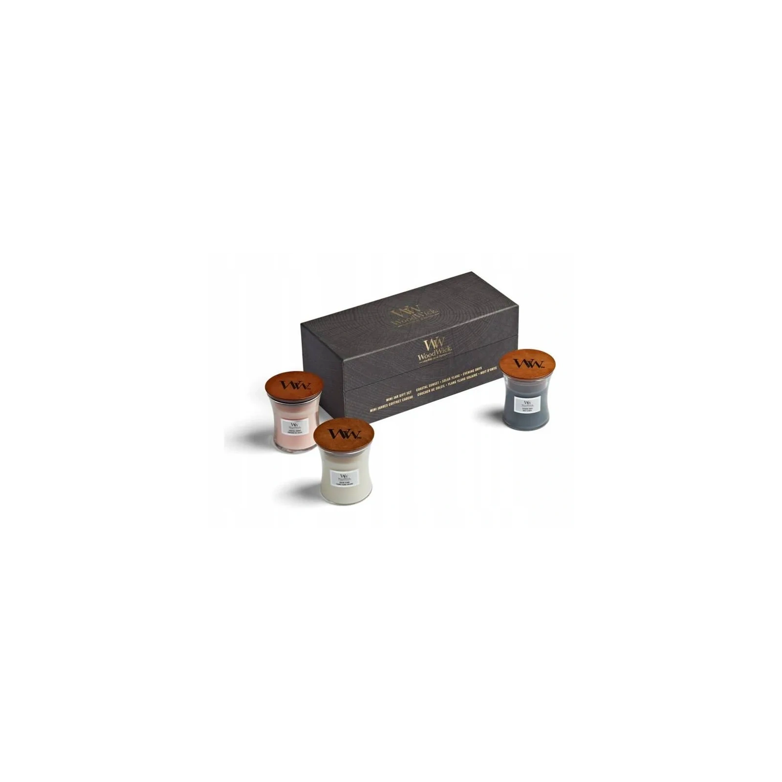 WOODWICK zestaw prezentowy 3 małe świece Evening Onyx, Solar Ylang, Coastal Sunset 3x85g 