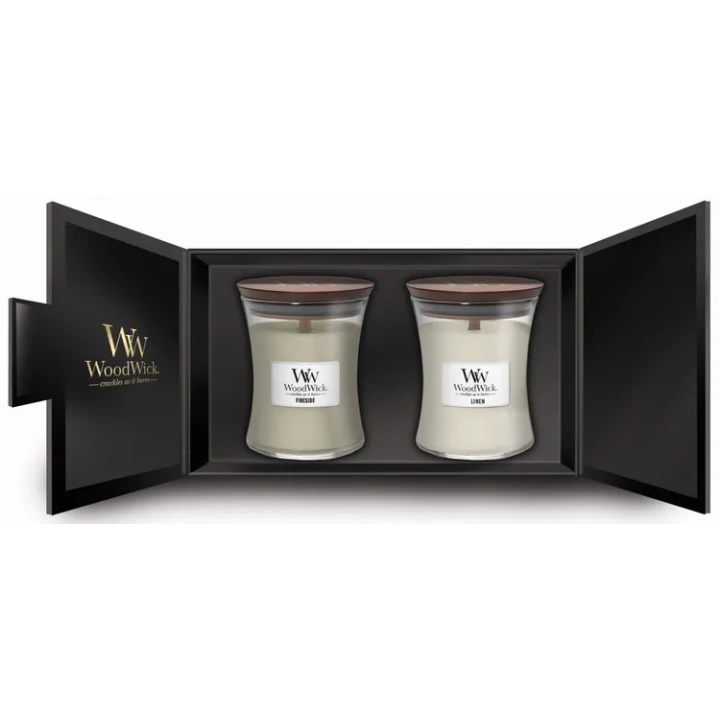 WOODWICK zestaw prezentowy 2 średnie świece Linen, Fireside 2x275g 
