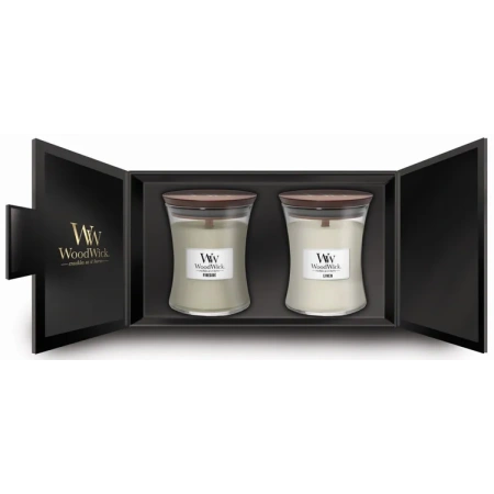 WOODWICK zestaw prezentowy 2 średnie świece Linen, Fireside 2x275g 