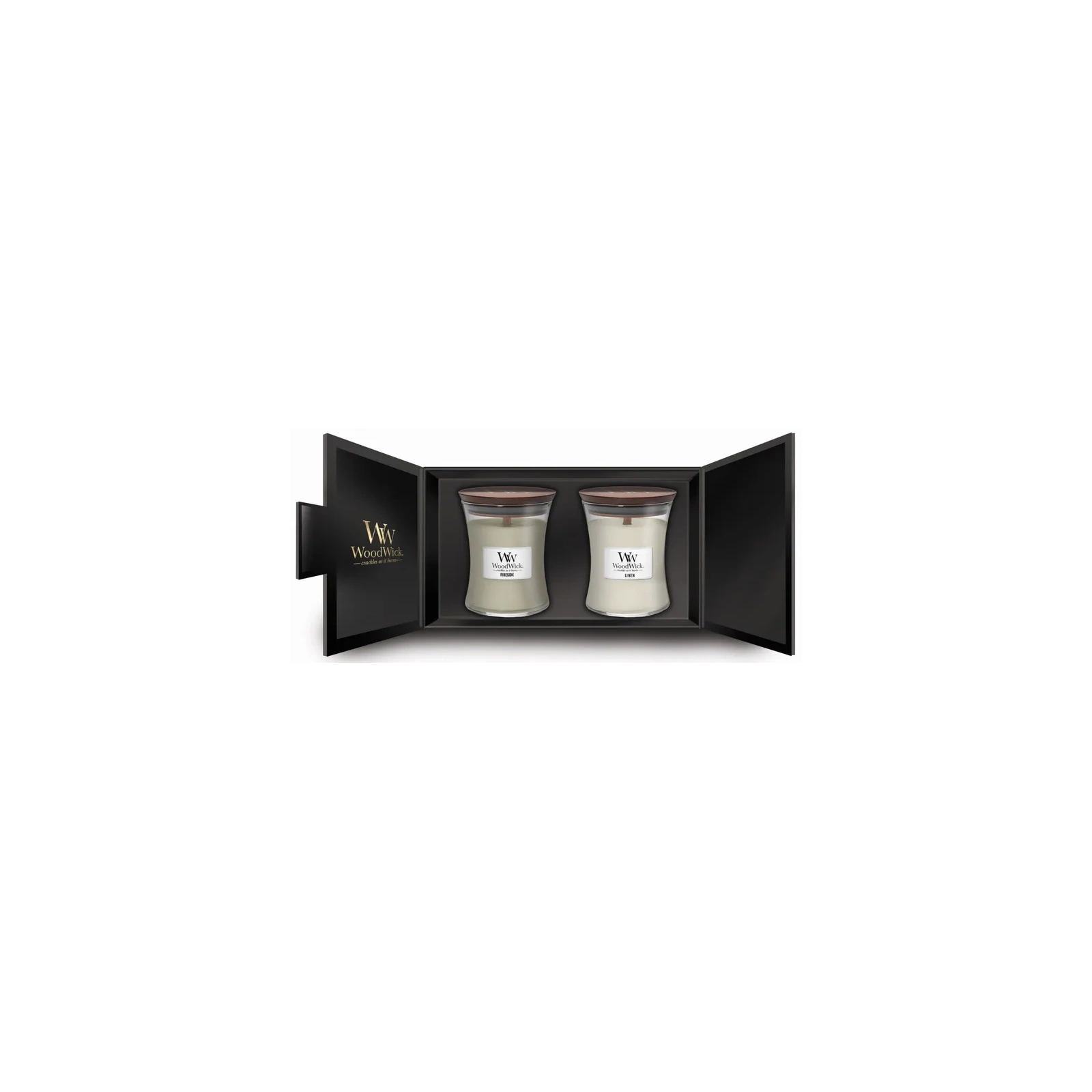 WOODWICK zestaw prezentowy 2 średnie świece Linen, Fireside 2x275g 