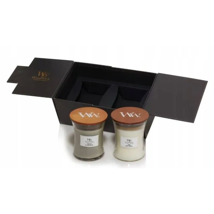 WOODWICK zestaw prezentowy 2 średnie świece Linen, Fireside 2x275g 