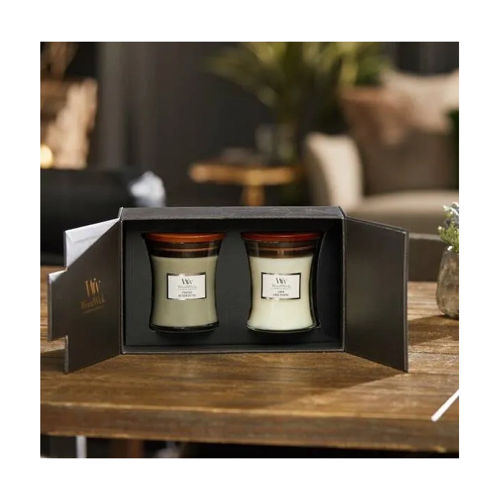 WOODWICK zestaw prezentowy 2 średnie świece Linen, Fireside 2x275g 