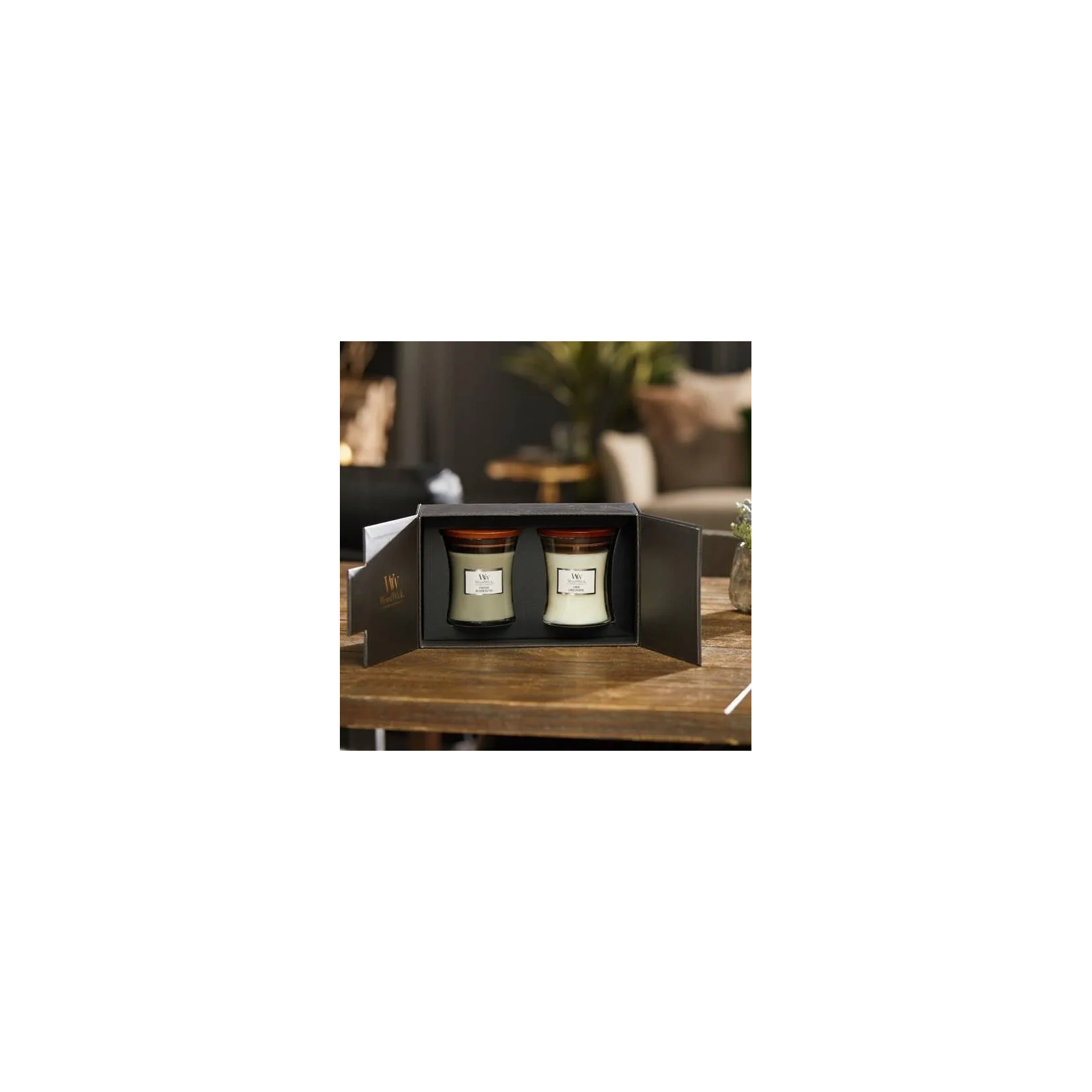 WOODWICK zestaw prezentowy 2 średnie świece Linen, Fireside 2x275g 