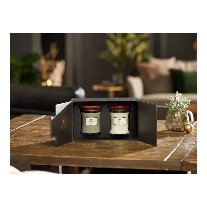WOODWICK zestaw prezentowy 2 średnie świece Linen, Fireside 2x275g 