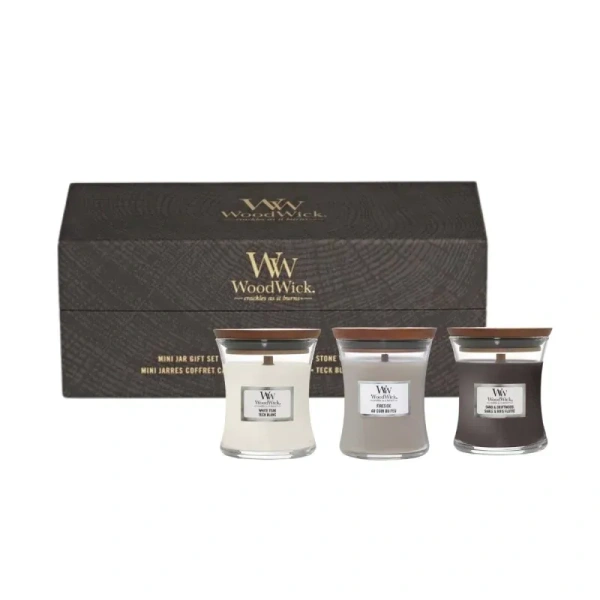 WOODWICK Zestaw Prezentowy świece małe FIRESIDE, WHITE TEAK, SAND & DRIFTWOOD 3x85g
