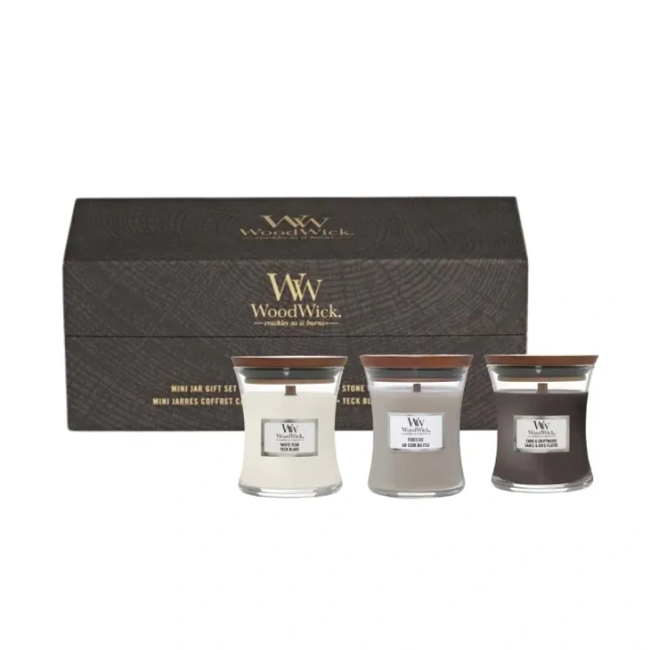 WOODWICK Zestaw Prezentowy świece małe FIRESIDE, WHITE TEAK, SAND & DRIFTWOOD 3x85g