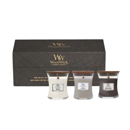 WOODWICK Zestaw Prezentowy świece małe FIRESIDE, WHITE TEAK, SAND & DRIFTWOOD 3x85g