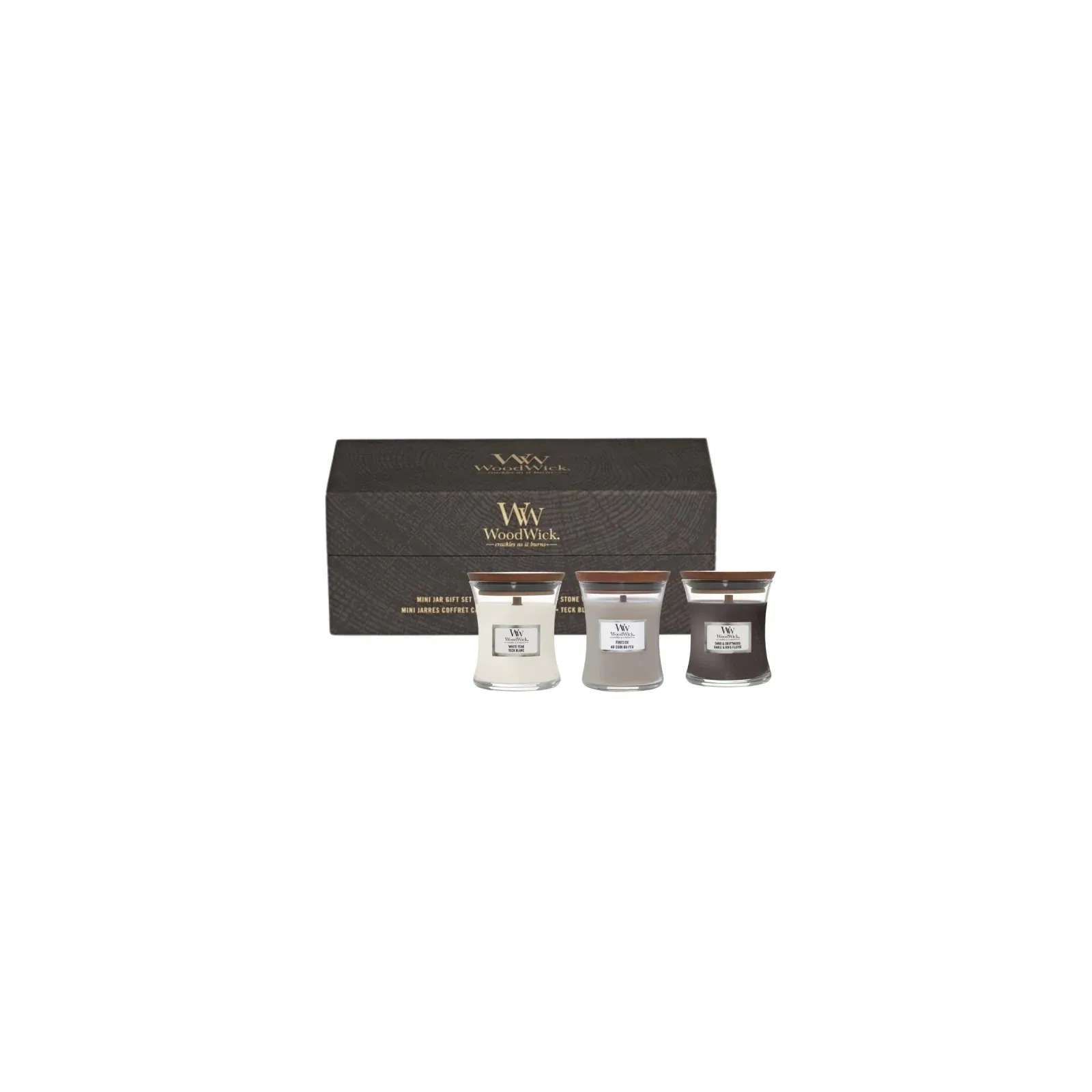 WOODWICK Zestaw Prezentowy świece małe FIRESIDE, WHITE TEAK, SAND & DRIFTWOOD 3x85g