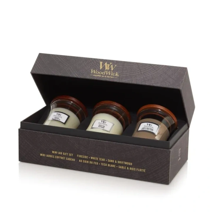 WOODWICK Zestaw Prezentowy świece małe FIRESIDE, WHITE TEAK, SAND & DRIFTWOOD 3x85g