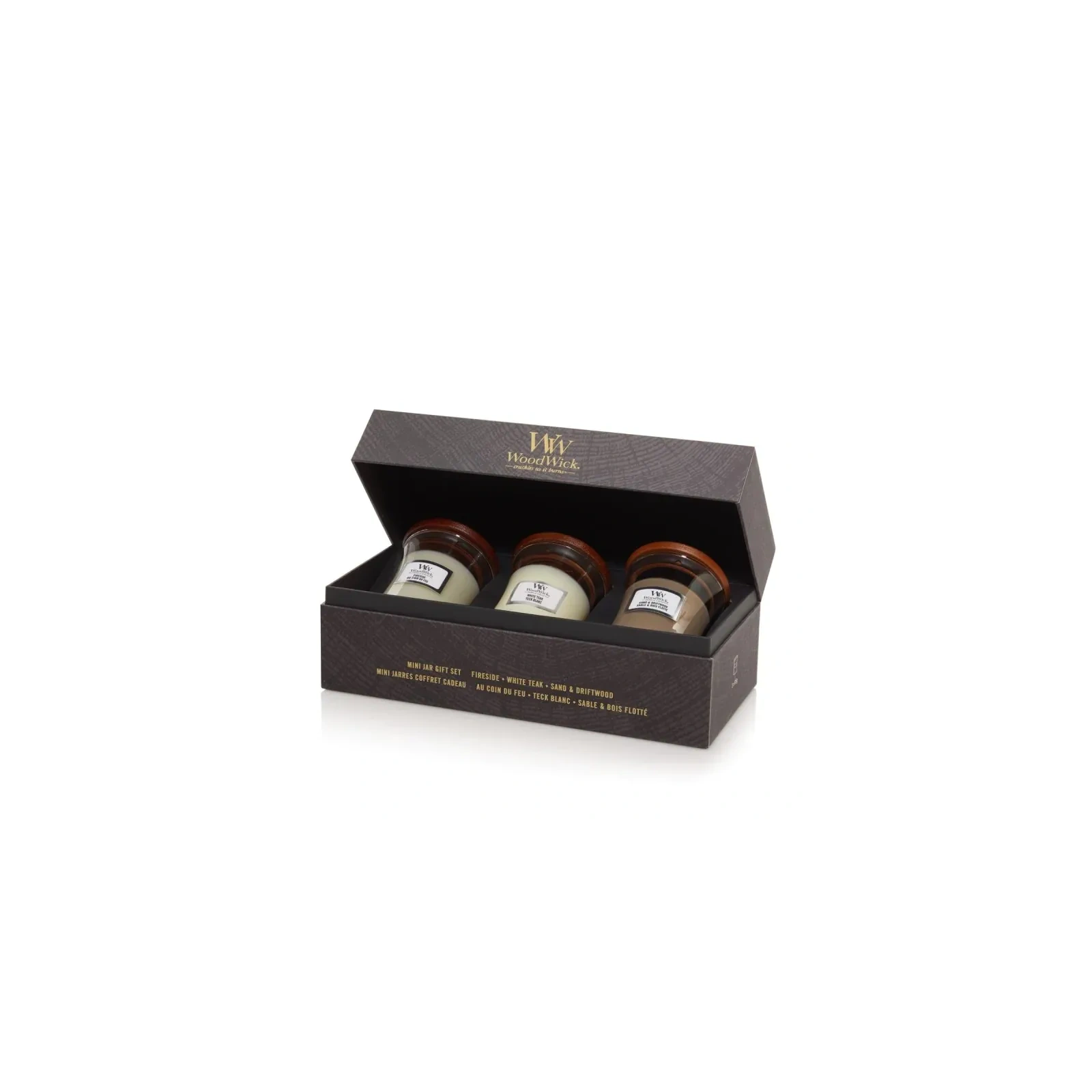 WOODWICK Zestaw Prezentowy świece małe FIRESIDE, WHITE TEAK, SAND & DRIFTWOOD 3x85g