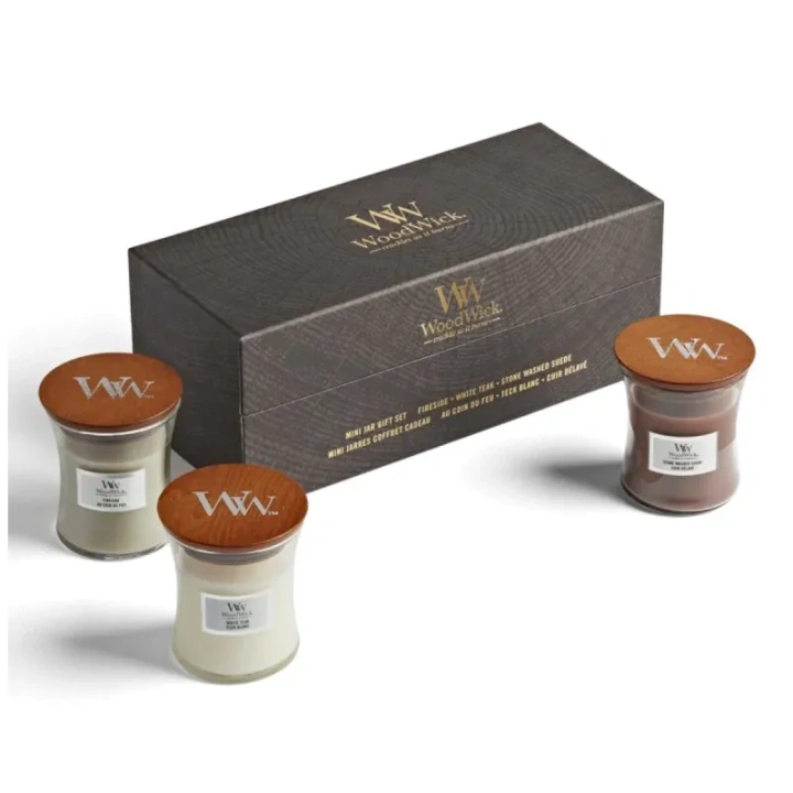 WOODWICK Zestaw Prezentowy świece małe FIRESIDE, WHITE TEAK, SAND & DRIFTWOOD 3x85g