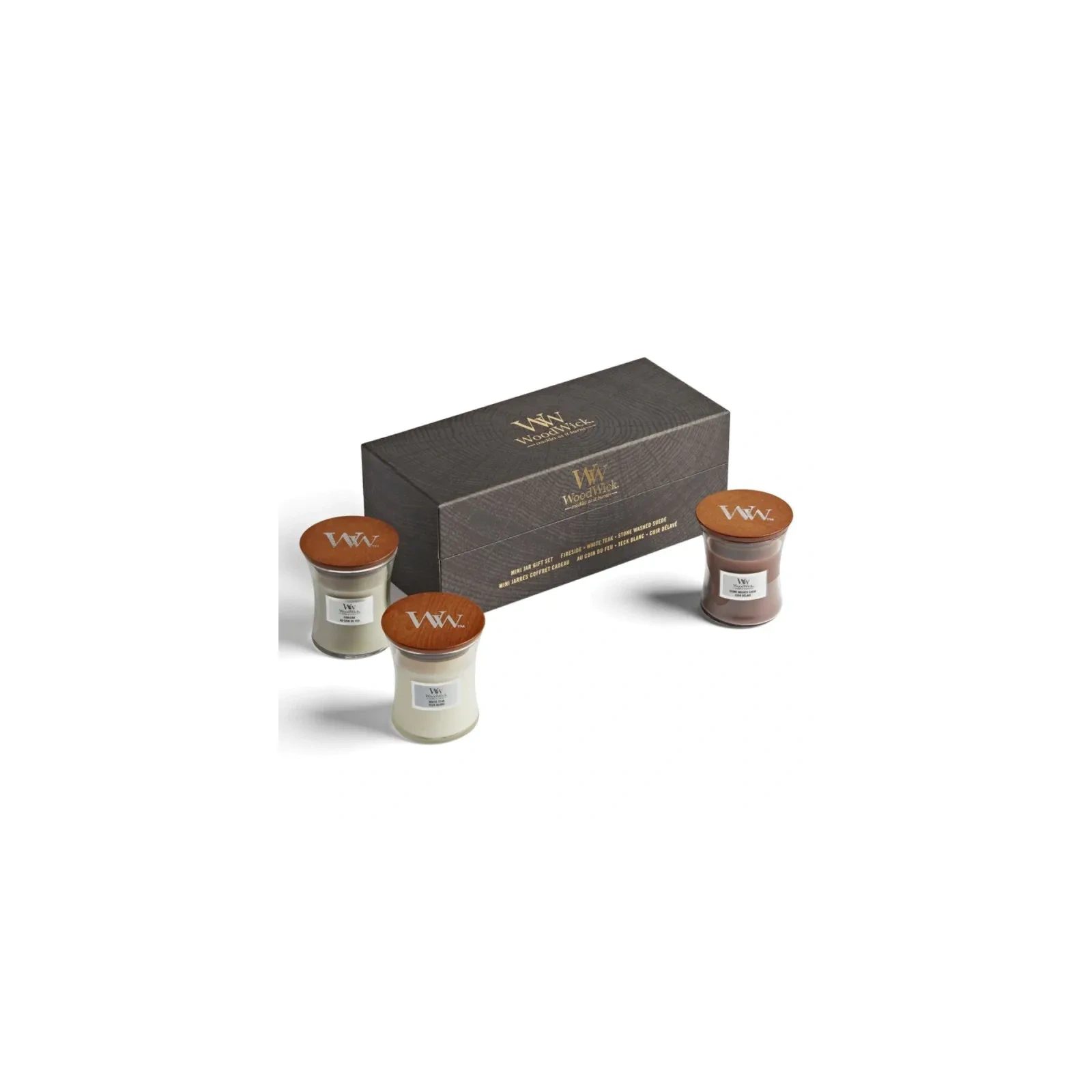 WOODWICK Zestaw Prezentowy świece małe FIRESIDE, WHITE TEAK, SAND & DRIFTWOOD 3x85g