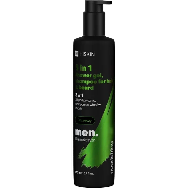 HISKIN Men 3w1 żel pod prysznic, szampon do włosów i brody Odżywczy 500ml
