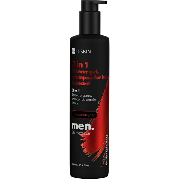 HISKIN Men 3w1 żel pod prysznic, szampon do włosów i brody Energetyzujący 500ml