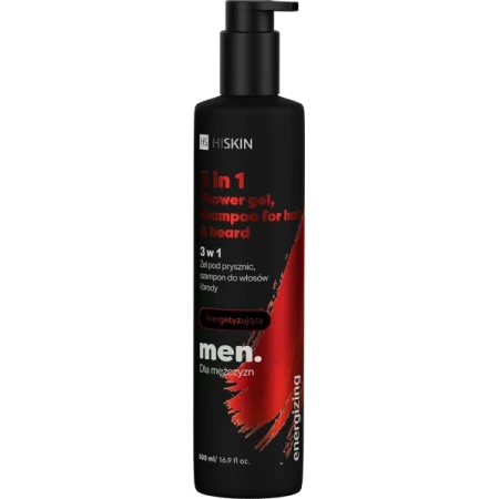 HISKIN Men 3w1 żel pod prysznic, szampon do włosów i brody Energetyzujący 500ml