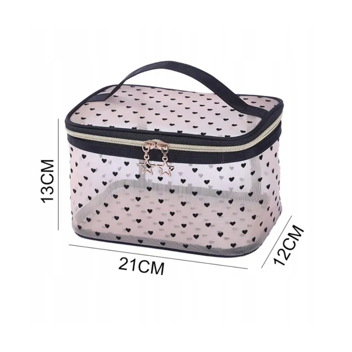 ECARLA kosmetyczka kuferek transparentna 12x21x13cm Czarne Serca KS125 