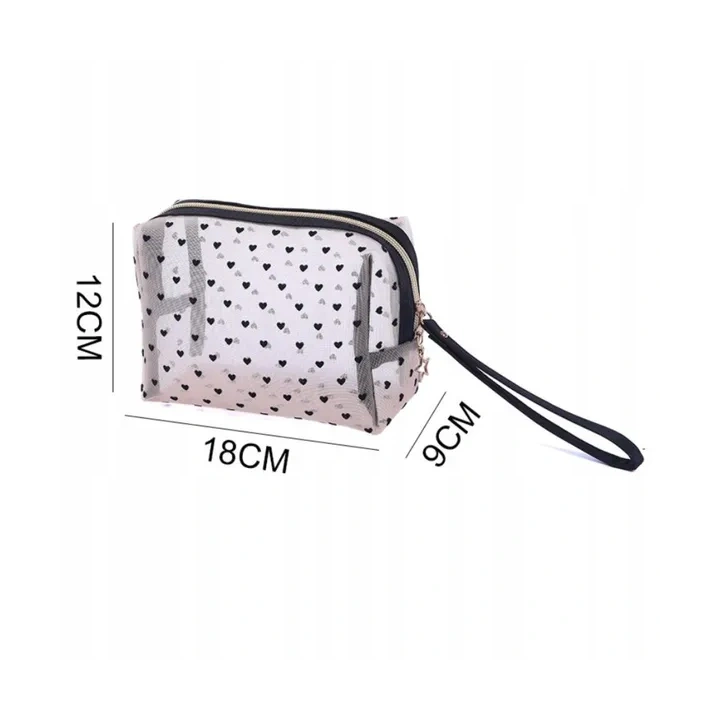 ECARLA kosmetyczka jednokomorowa transparentna 12x18x8cm Czarne Serca KS126 