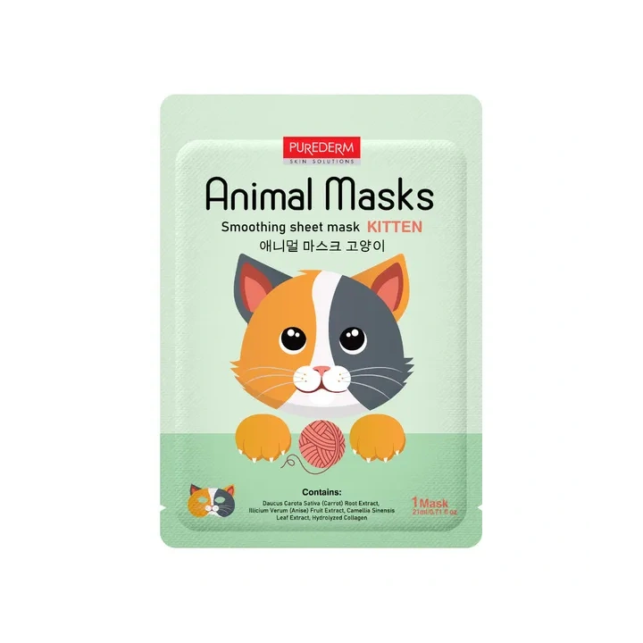 PUREDERM Animal Mask maska do twarzy w płacie wygładzająca Kotek 21ml