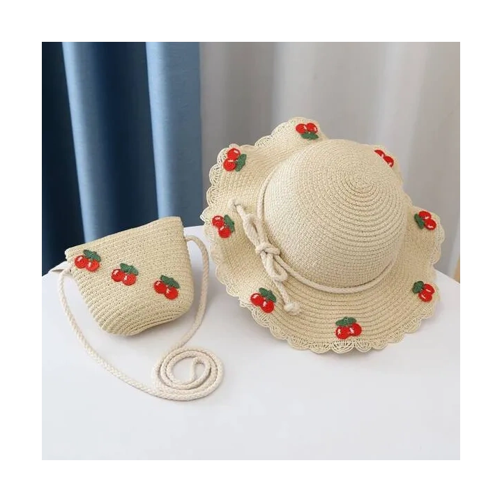 ECARLA kapelusik i torebka słomkowa, dziecięca Boho Wisienki 52cm CZ44
