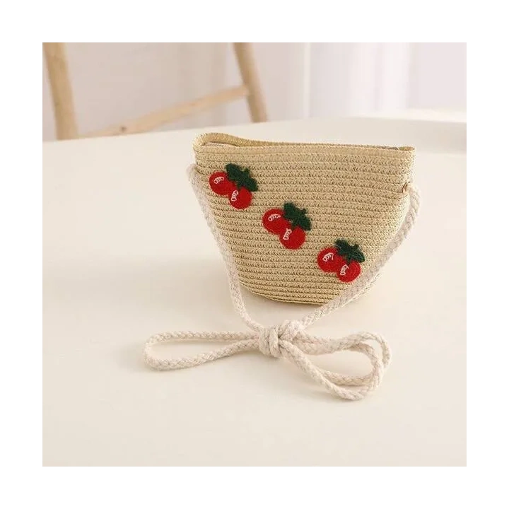 ECARLA kapelusik i torebka słomkowa, dziecięca Boho Wisienki 52cm CZ44