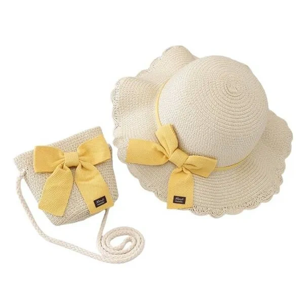 ECARLA kapelusik i torebka słomkowa, dziecięca BOHO słoneczny 52cm CZ45 