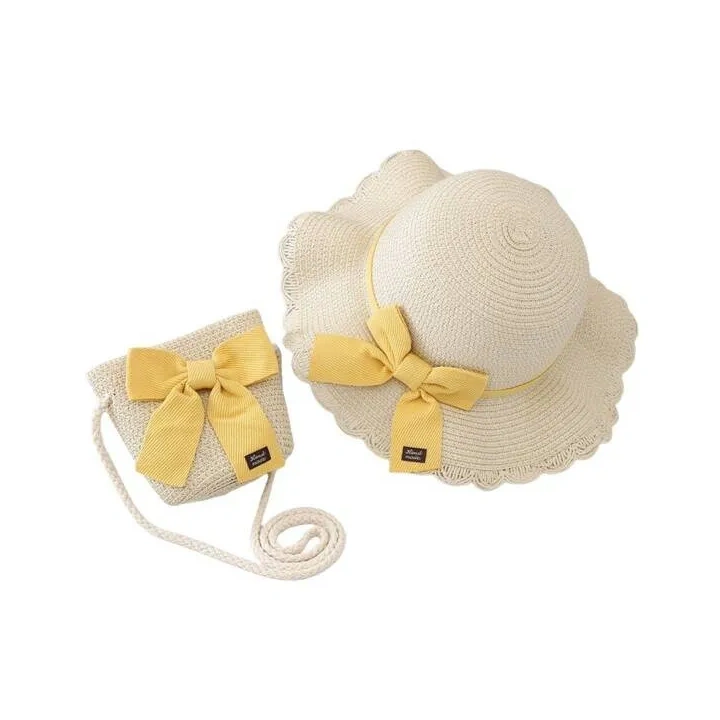 ECARLA kapelusik i torebka słomkowa, dziecięca BOHO słoneczny 52cm CZ45 