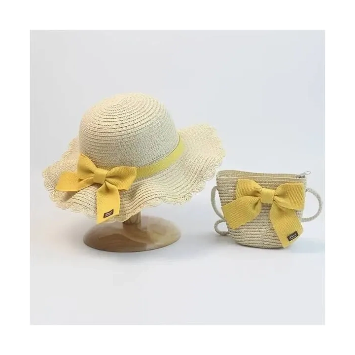 ECARLA kapelusik i torebka słomkowa, dziecięca BOHO słoneczny 52cm CZ45 