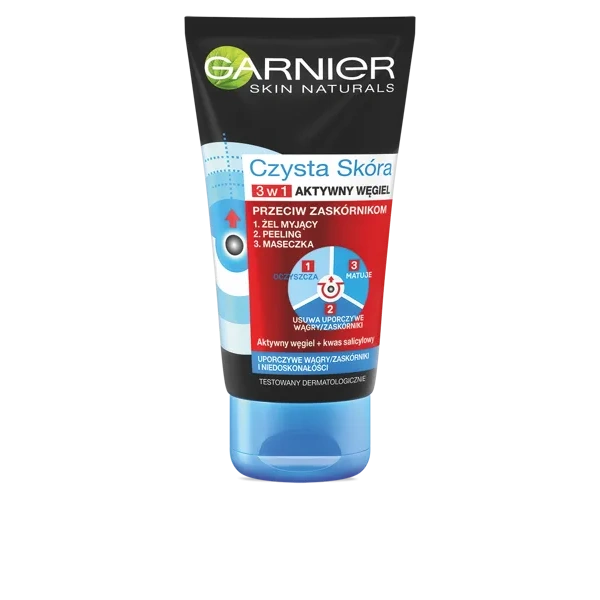 GARNIER Czysta Skóra Aktywny Węgiel 3w1 żel myjący peeling maseczka 150ml
