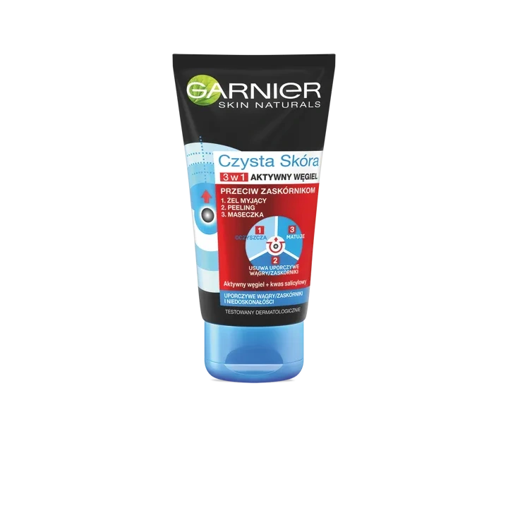 GARNIER Czysta Skóra Aktywny Węgiel 3w1 żel myjący peeling maseczka 150ml