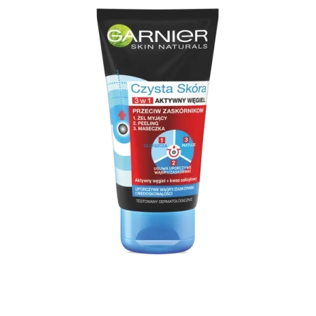 GARNIER Czysta Skóra Aktywny Węgiel 3w1 żel myjący peeling maseczka 150ml