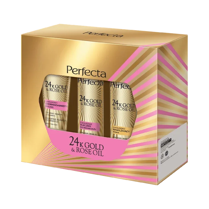 DAX Perfecta 24k Gold & Rose Oil zestaw do twarzy (peeling + mleczko + tonik) 