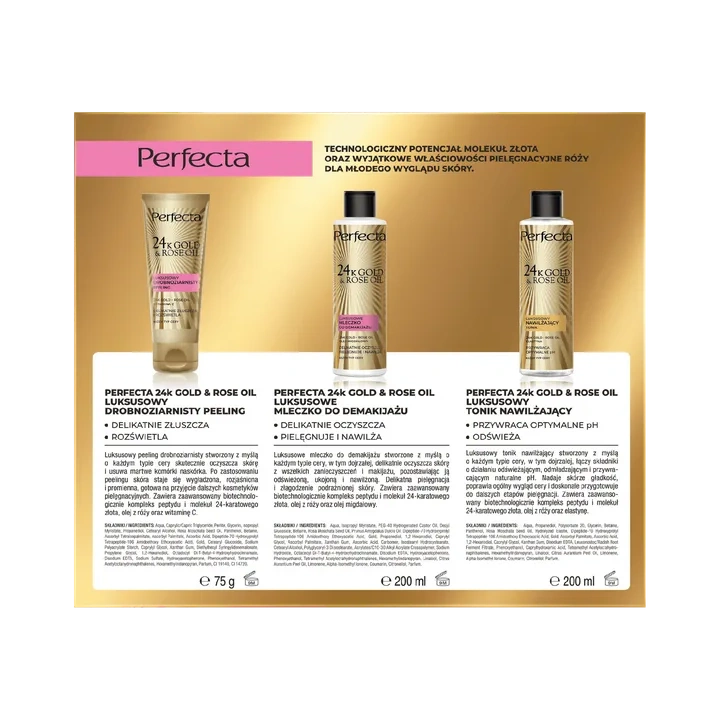 DAX Perfecta 24k Gold & Rose Oil zestaw do twarzy (peeling + mleczko + tonik) 