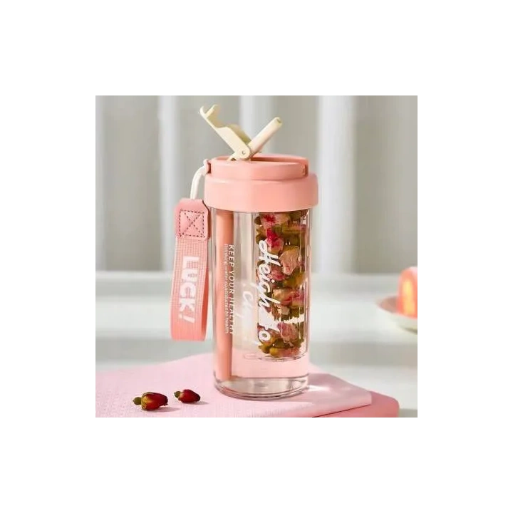ECARLA bidon na wodę z koszyczkiem i słomką 600ml Luck! Różowy BD32R 