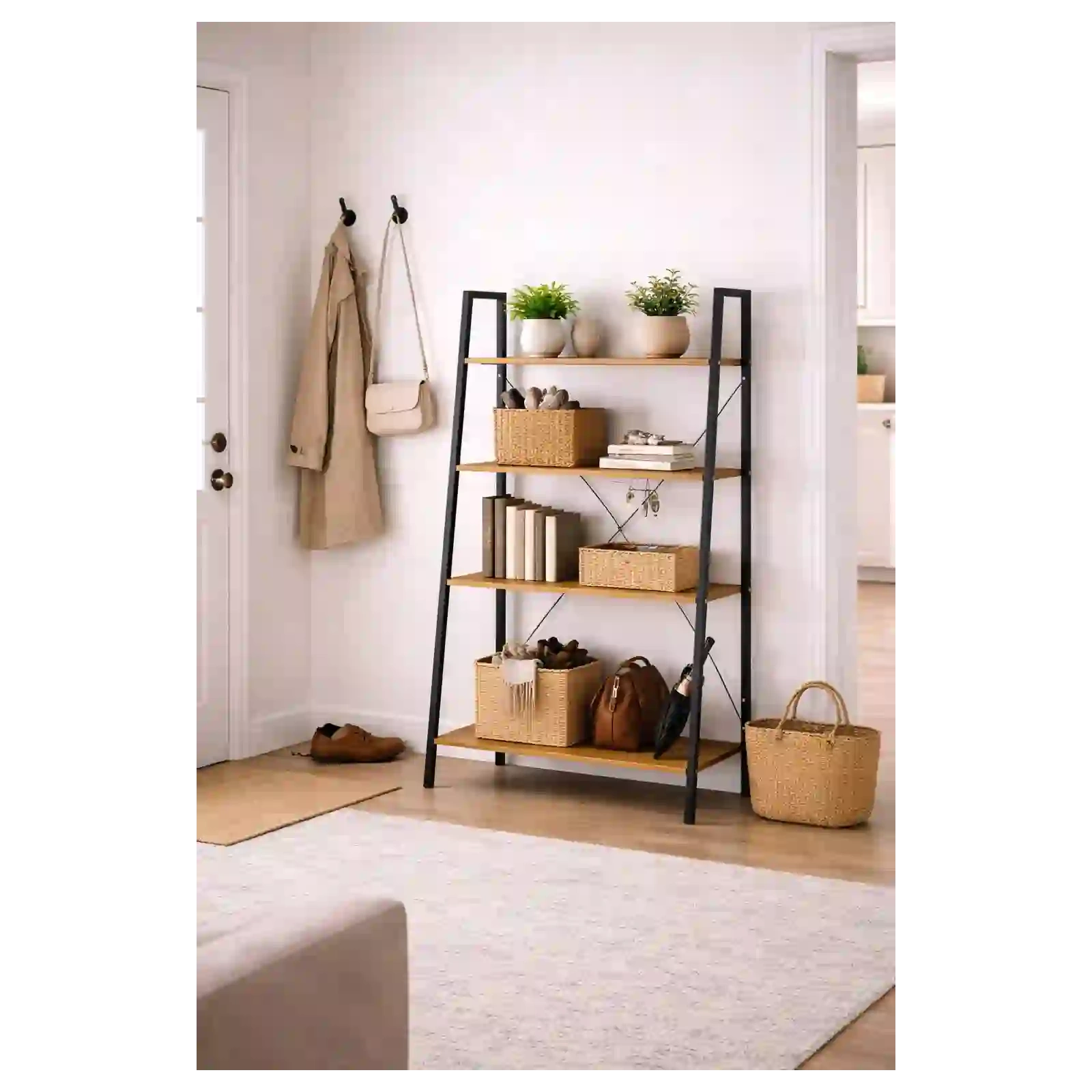 ECARLA regał loftowy czteropoziomowy 60x35x147cm Czarny/ Jasny brąz SZ51JBR