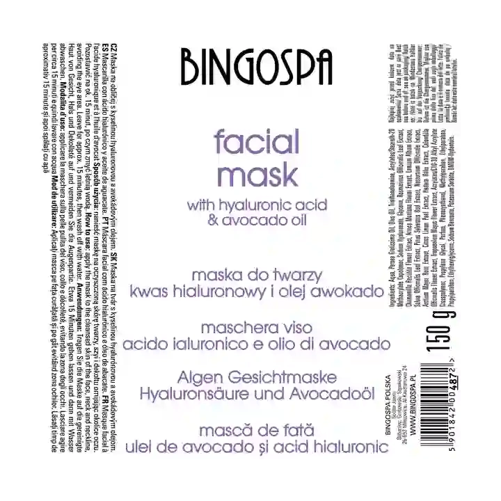 BINGOSPA maska do twarzy z Kwasem hialuronowym i Olejem awokado 150ml