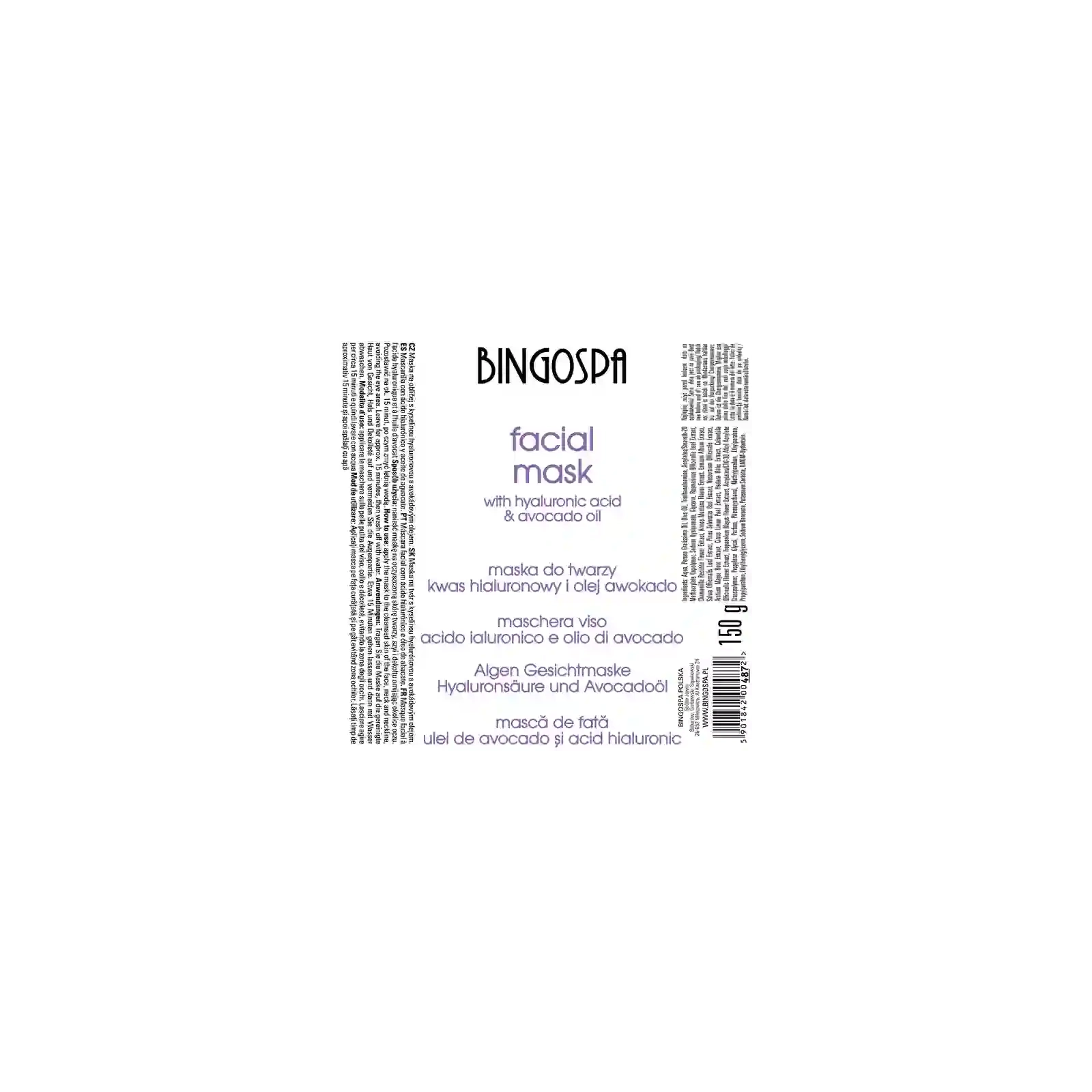BINGOSPA maska do twarzy z Kwasem hialuronowym i Olejem awokado 150ml