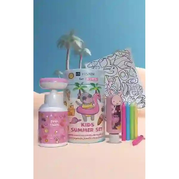 HISKIN Kids Summer Set zestaw do kąpieli + kolorowaanki z kredkami Różowy