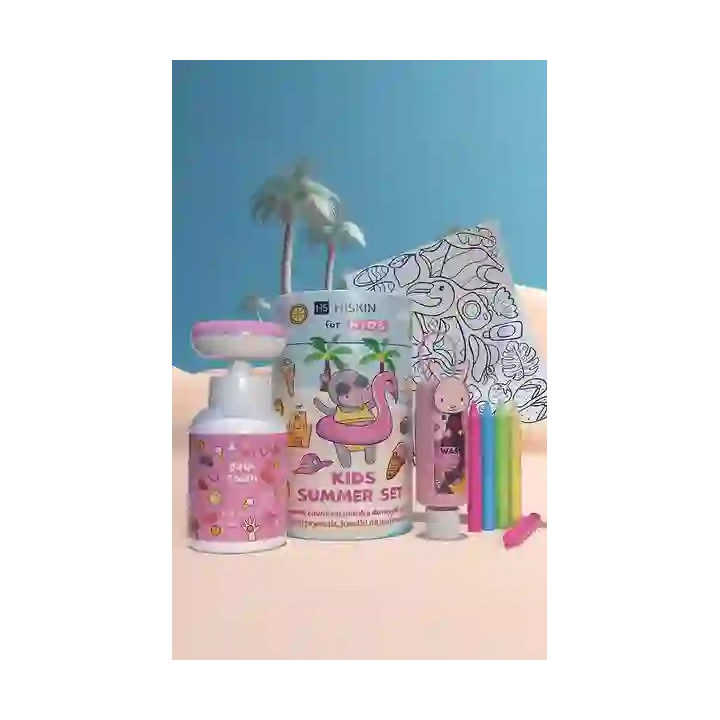 HISKIN Kids Summer Set zestaw do kąpieli + kolorowaanki z kredkami Różowy
