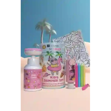 HISKIN Kids Summer Set zestaw do kąpieli + kolorowaanki z kredkami Różowy