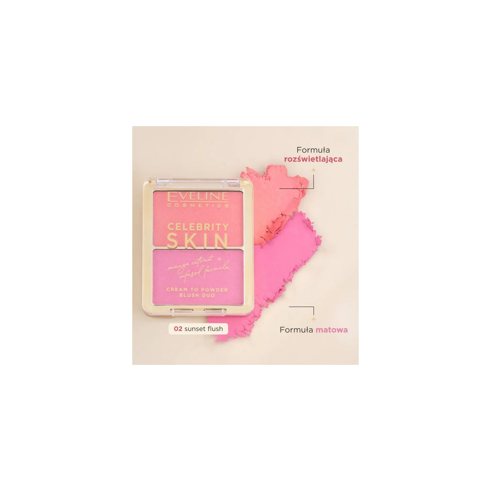EVELINE Celebrity Skin kremowy róż do policzków duet 02 Sunset Flush 8g