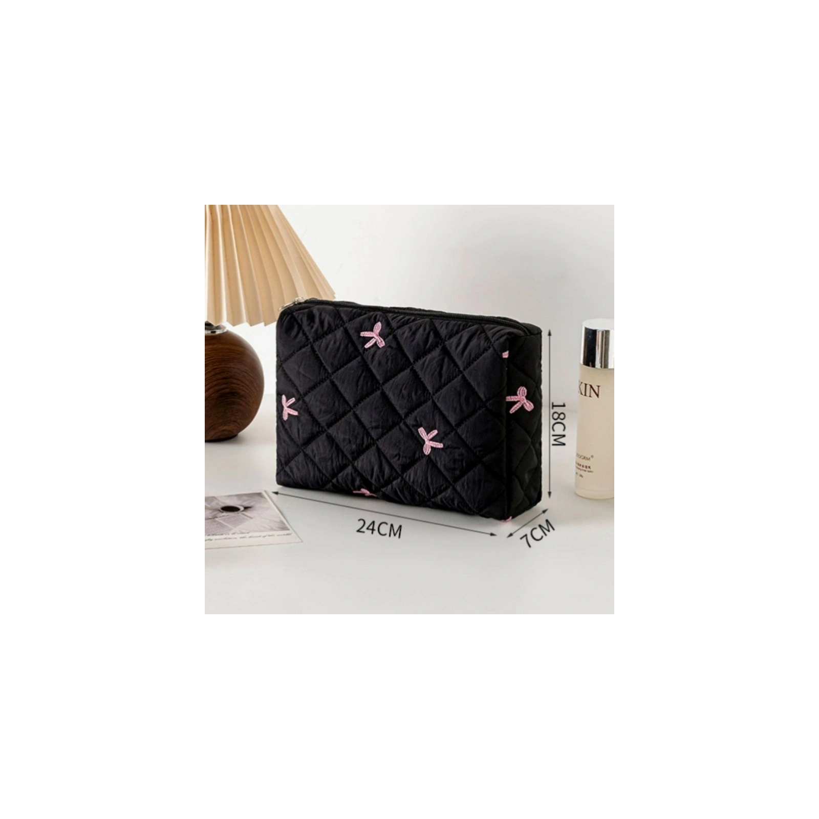ECARLA kosmetyczka pikowana 23x7x16cm Czarna w Kokardki KS156
