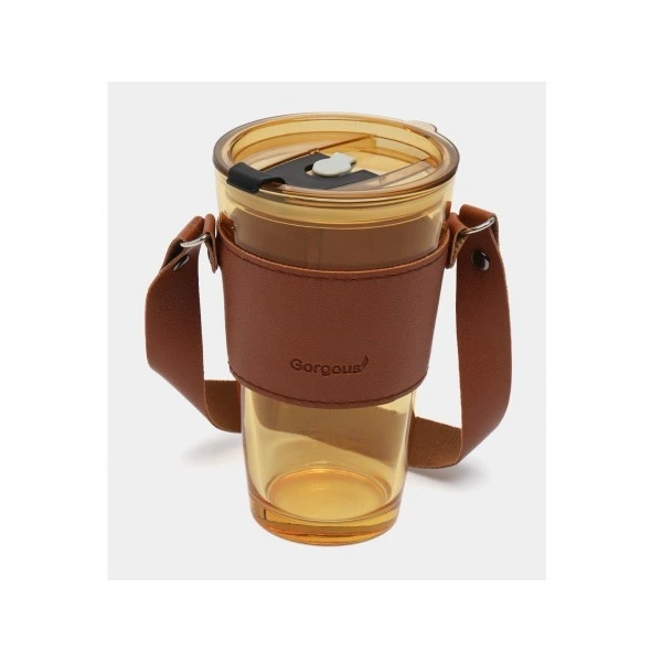 ECARLA kubek z kolorowego szkła ze słomką i zamknięciem 480ml Brązowy CUP09BR
