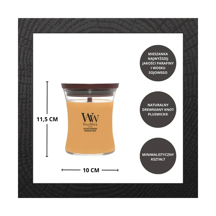 WOODWICK Pluswick średnia świeca w słoiku GOLDEN BOURBON 275g