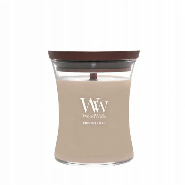 WOODWICK Pluswick średnia świeca w słoiku PATCHOULI CREME 275g