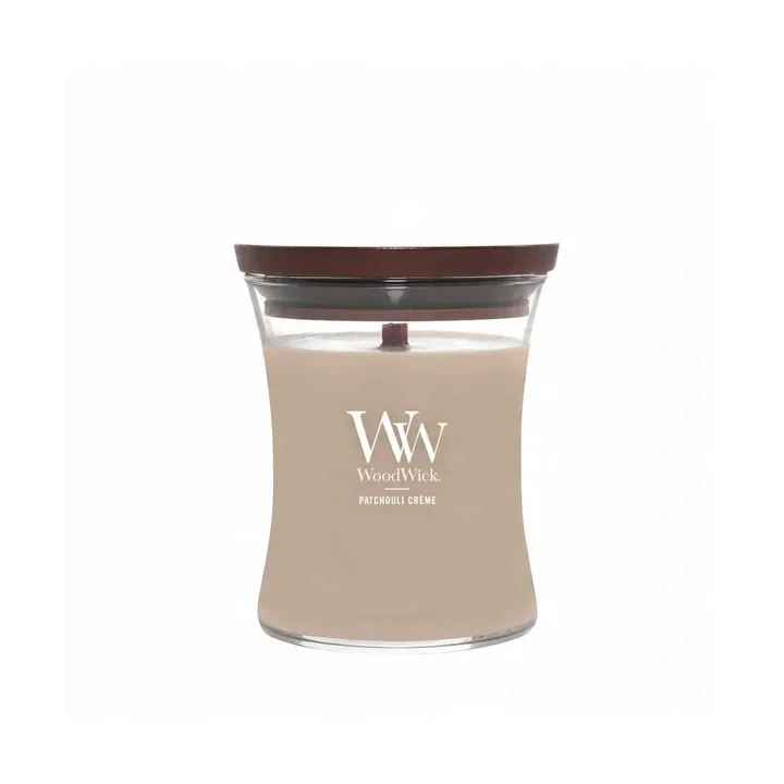WOODWICK Pluswick średnia świeca w słoiku PATCHOULI CREME 275g