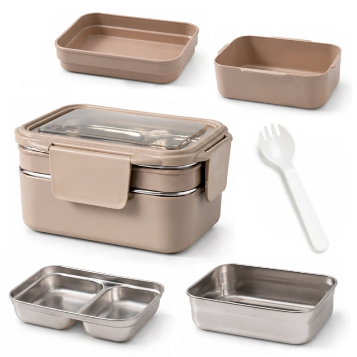 ECARLA lunch box z widelcem ze stali nierdzewnej Kremowy PJM50K