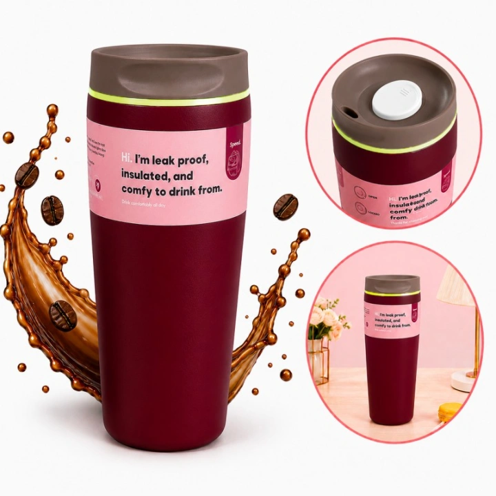 ECARLA kubek termiczny 560ml termos zamykany Bordowy CUP30